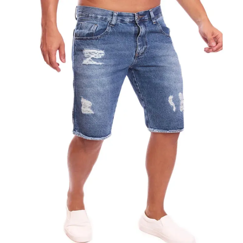 Bermuda masculina jeans rasgada com barra desfiada sem lycra Ref: 015