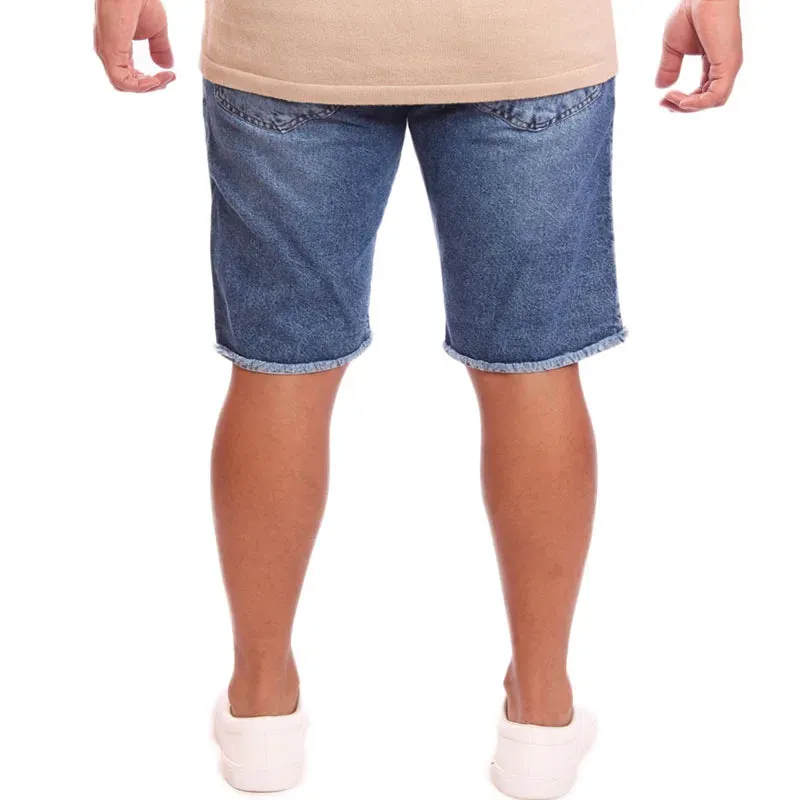 Bermuda masculina jeans rasgada com barra desfiada sem lycra Ref: 015