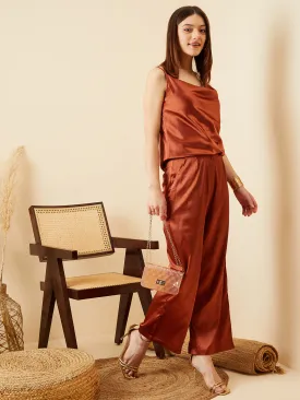 Berrylush Women Solid Brown High-Rise Waist Satin Straight Hem Regular Parallel Trousers