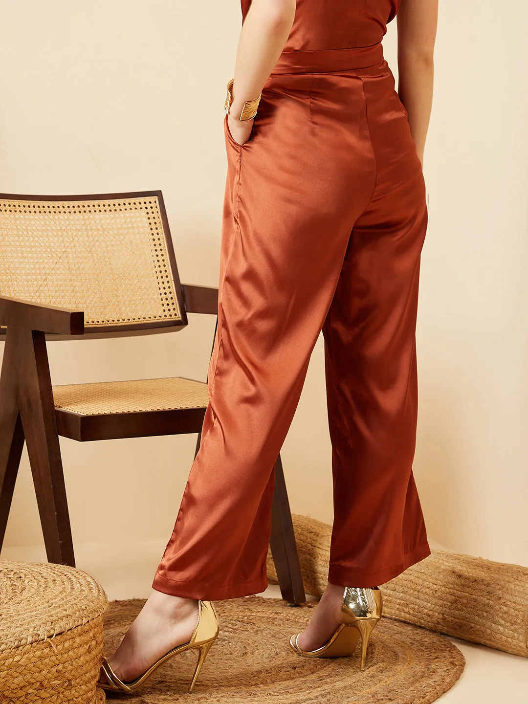 Berrylush Women Solid Brown High-Rise Waist Satin Straight Hem Regular Parallel Trousers