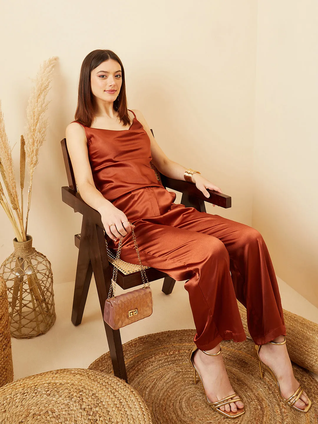 Berrylush Women Solid Brown High-Rise Waist Satin Straight Hem Regular Parallel Trousers