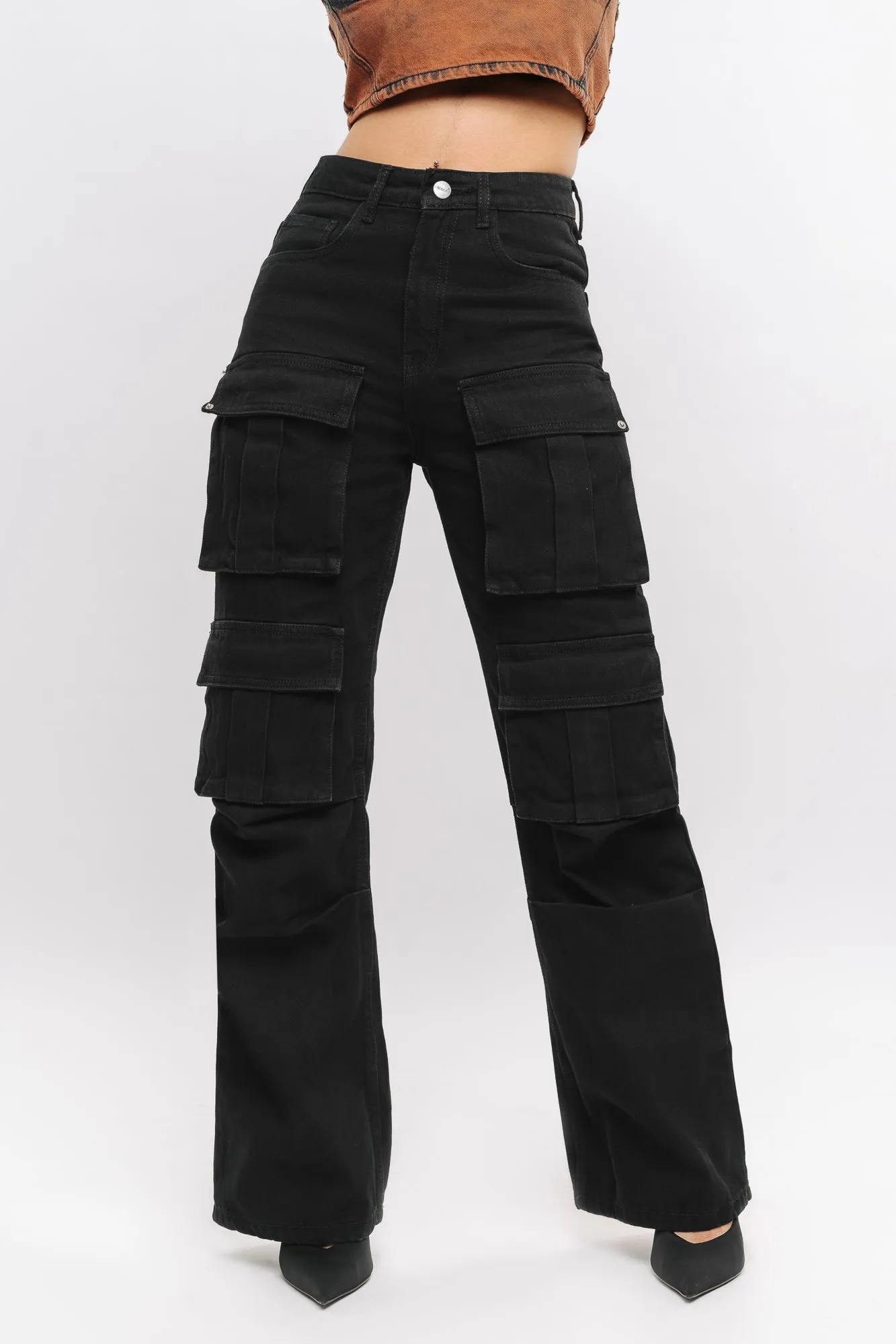 Black Front Pocketed Denim Cargo