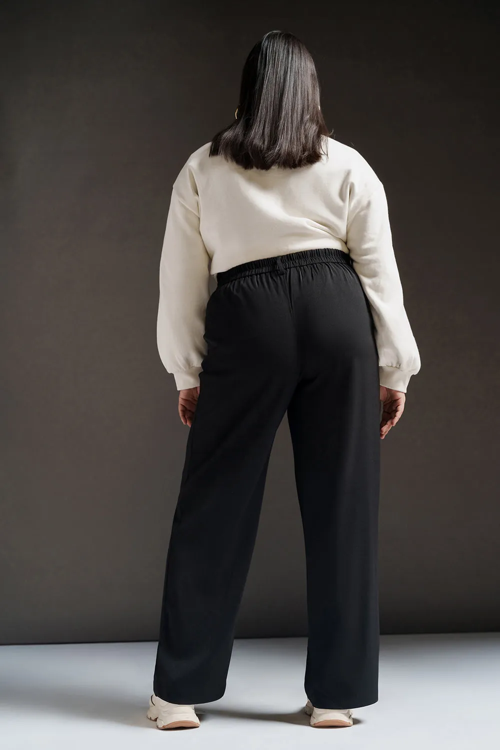 Black Quill Curve Strap Detailed Korean Pants