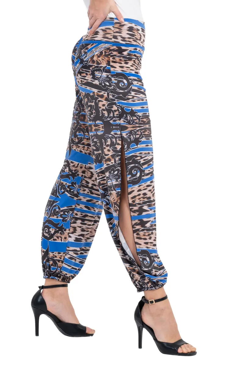 Blue Abstract Animal Print Babucha Tango Pants With Slits