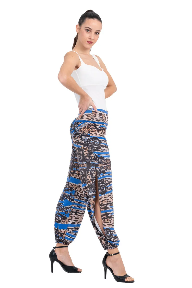 Blue Abstract Animal Print Babucha Tango Pants With Slits