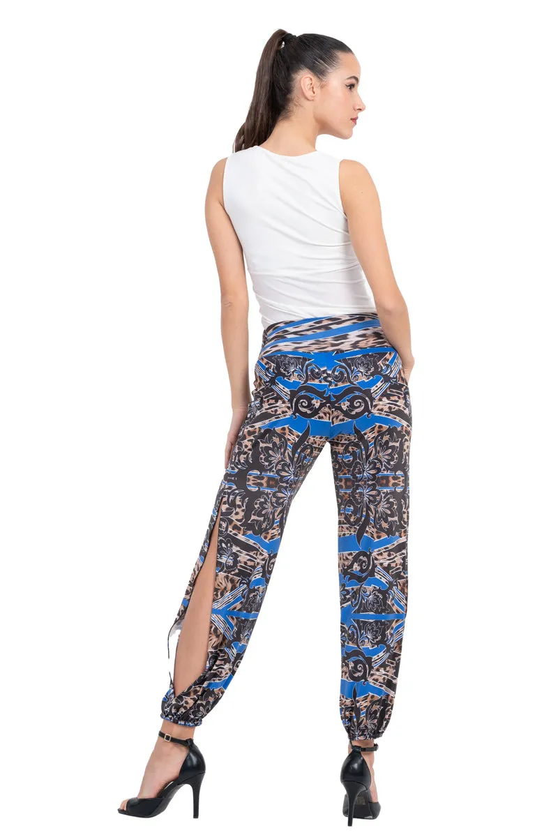 Blue Abstract Animal Print Babucha Tango Pants With Slits