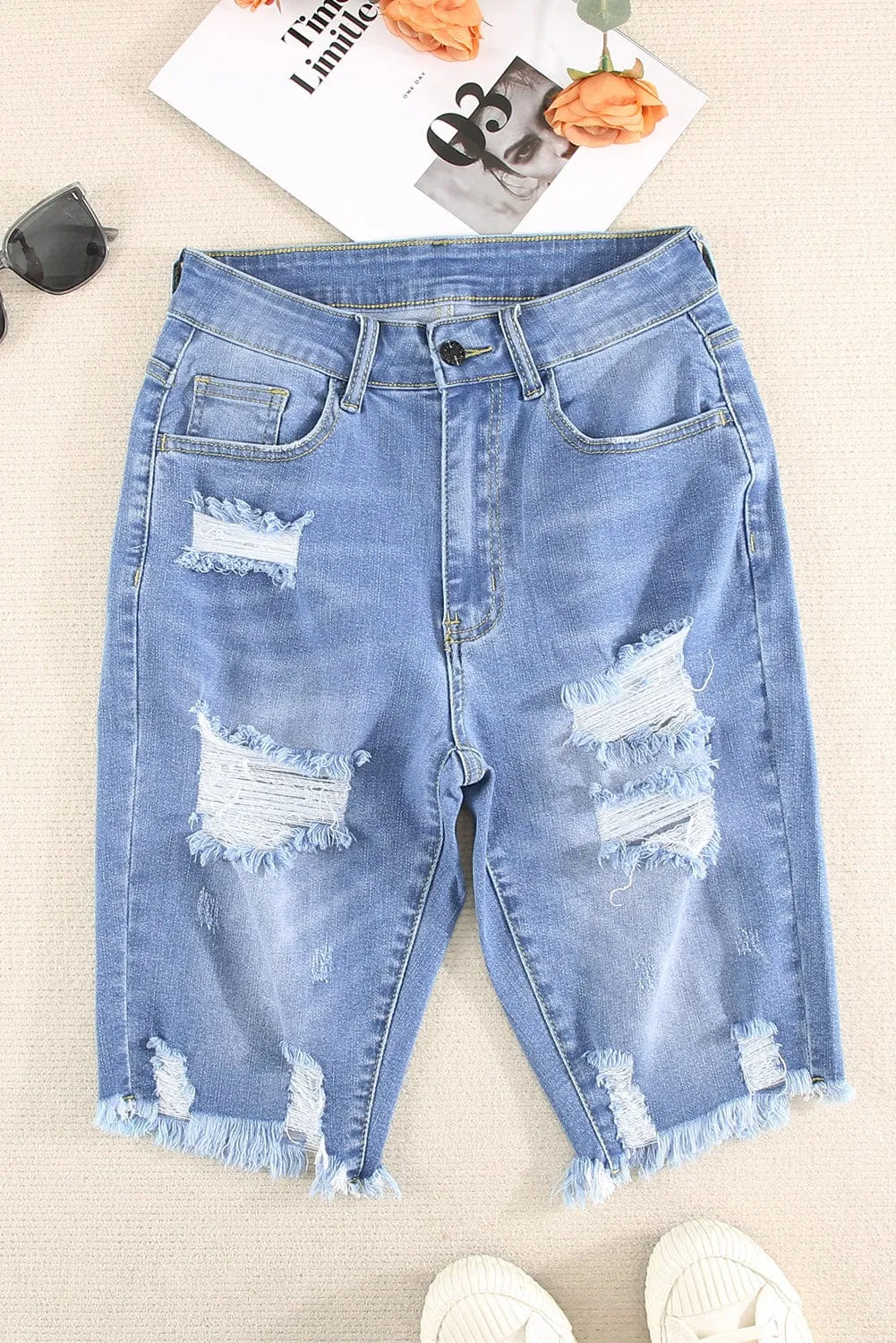 Blue Raw Hem Denim Jorts with Distressed Details, Mid-Stretch Slash Pockets Bermuda Denim Shorts, Women's Denim Jeans & Apparel