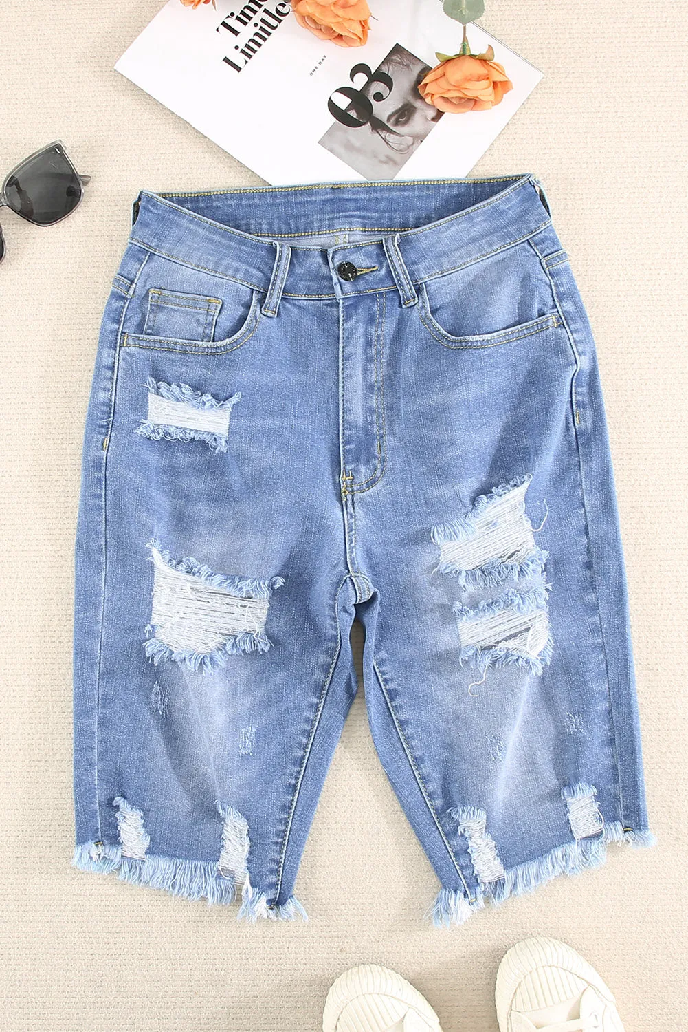 Blue Raw Hem Denim Jorts with Distressed Details, Mid-Stretch Slash Pockets Bermuda Denim Shorts, Women's Denim Jeans & Apparel