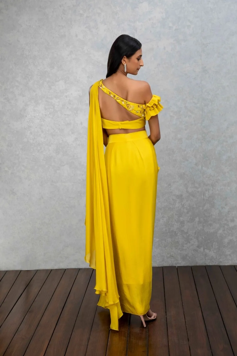 Citrine yellow draped top and skirt set