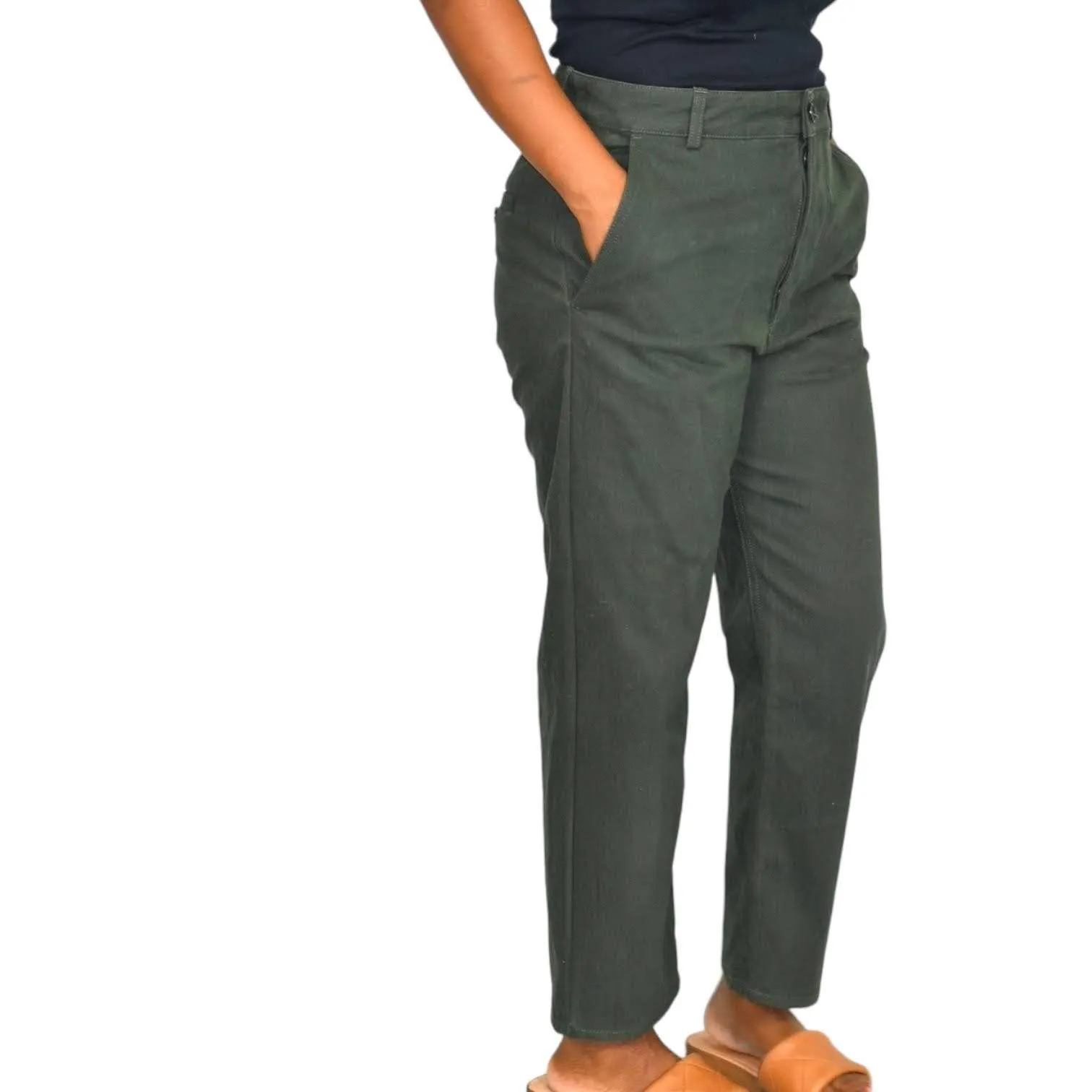 COS Pants Olive Green Button Fly Trousers High Waist Ankle Straight Chino Size 6