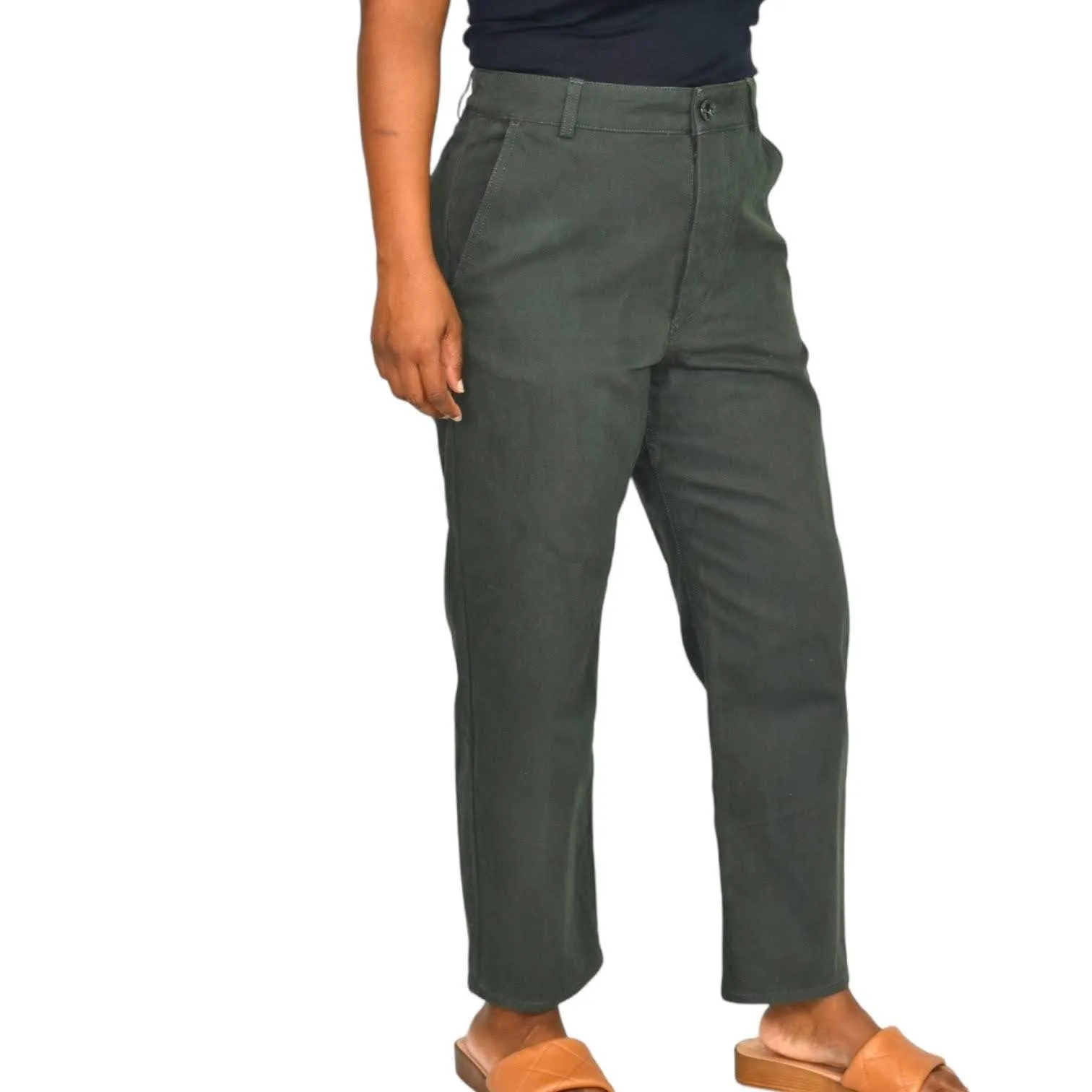 COS Pants Olive Green Button Fly Trousers High Waist Ankle Straight Chino Size 6