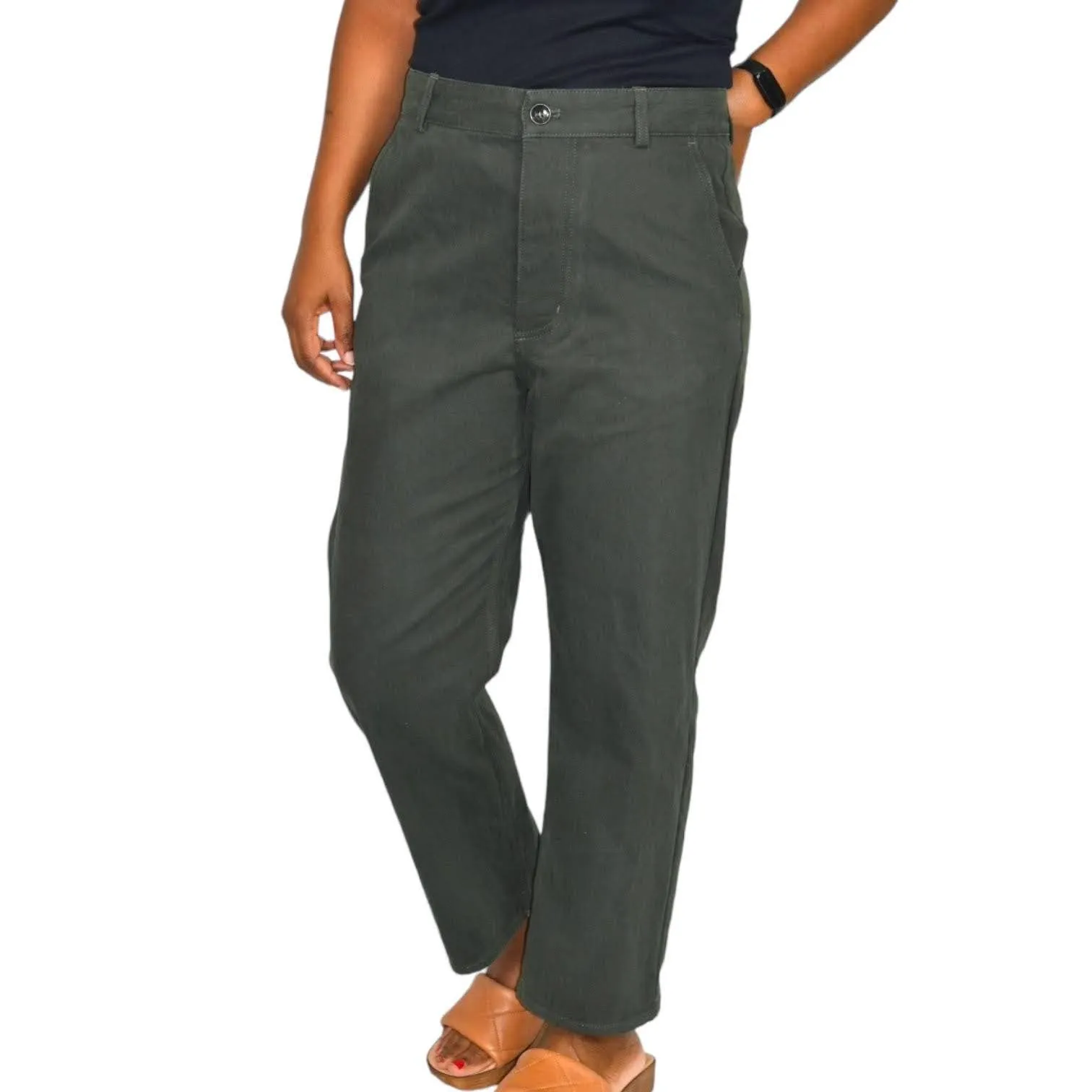 COS Pants Olive Green Button Fly Trousers High Waist Ankle Straight Chino Size 6