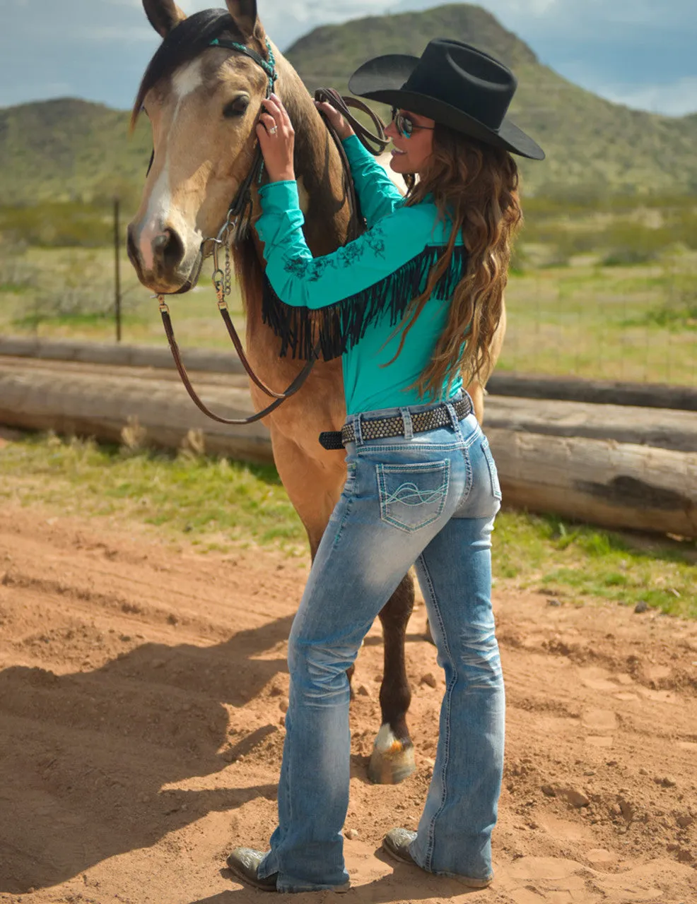 Cowgirl Tuff Don't Fence Me In Turquoise Mid Rise Jean -Don't Fence Me In Turquoise