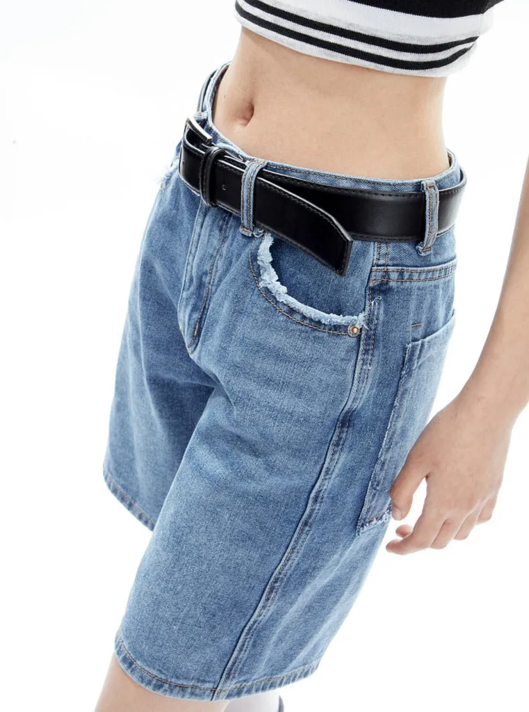 Distressed High-Waist Denim Bermuda Shorts