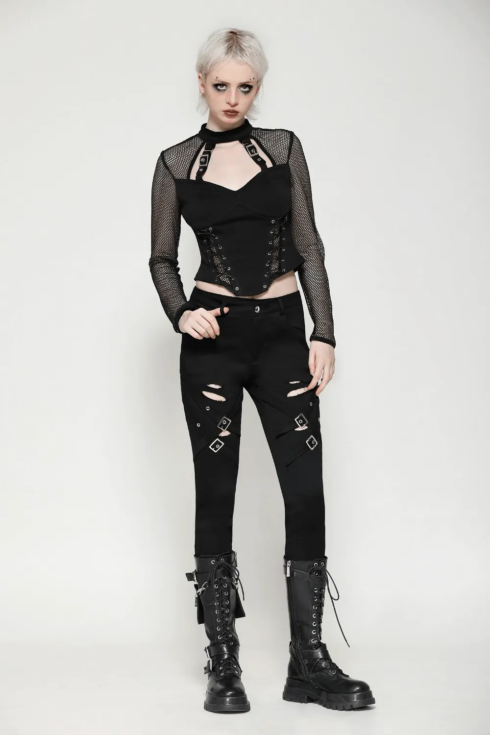 Edgy Gothic Ripped Black Pants with Studded Details