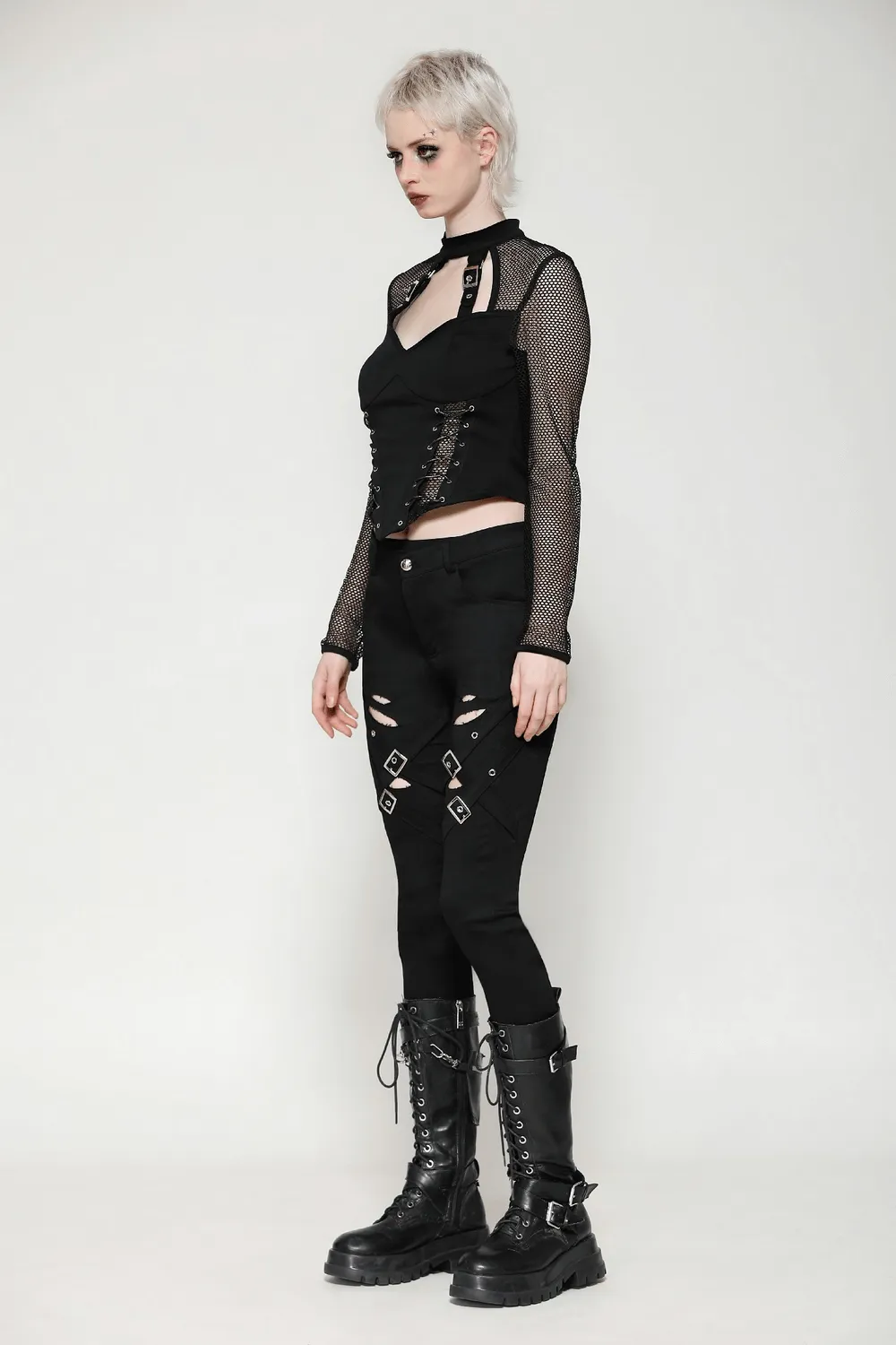 Edgy Gothic Ripped Black Pants with Studded Details