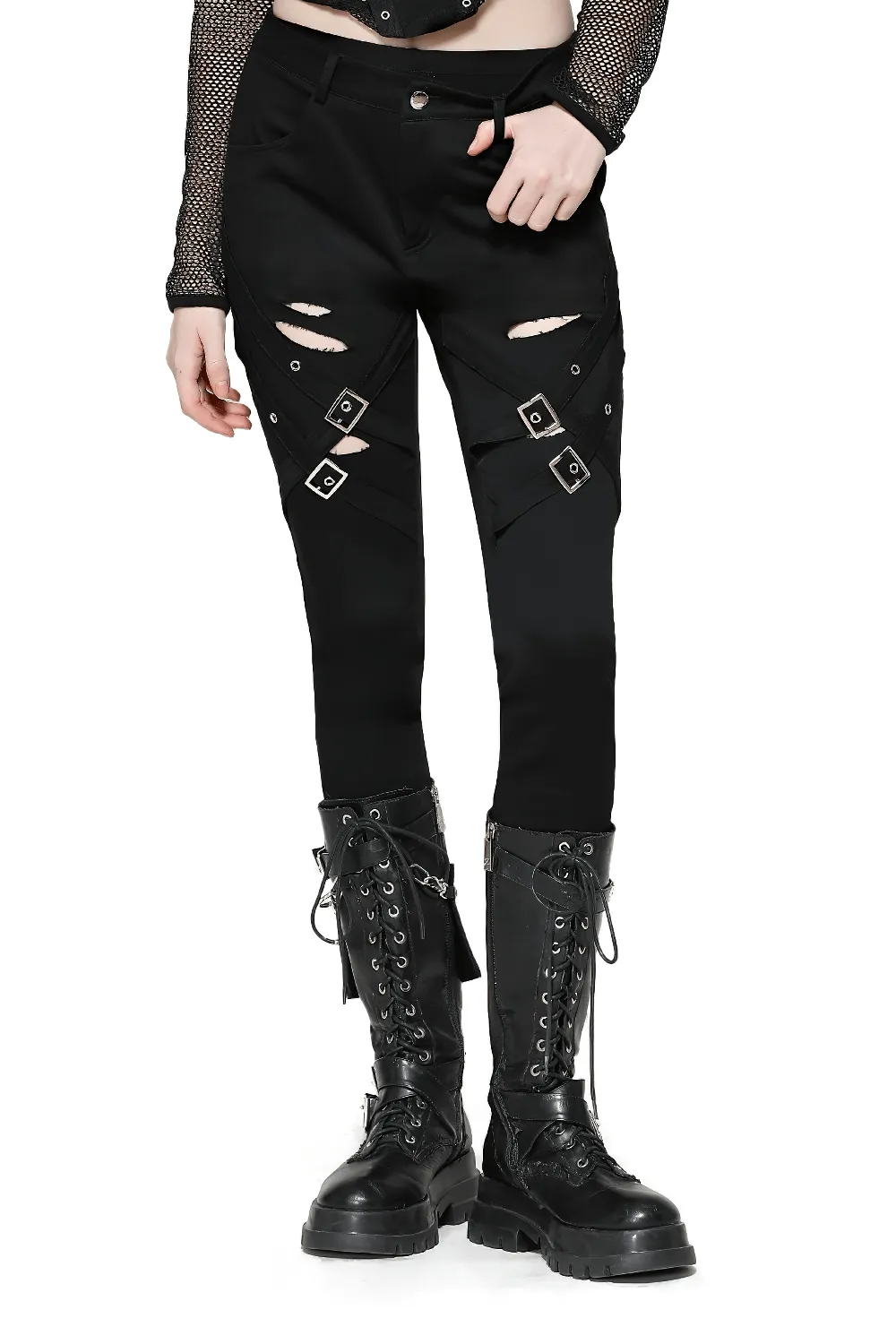 Edgy Gothic Ripped Black Pants with Studded Details