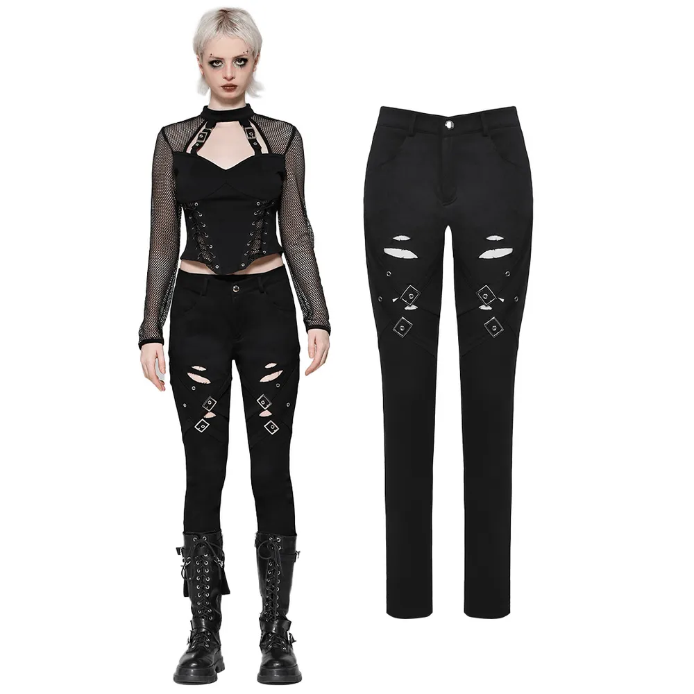 Edgy Gothic Ripped Black Pants with Studded Details