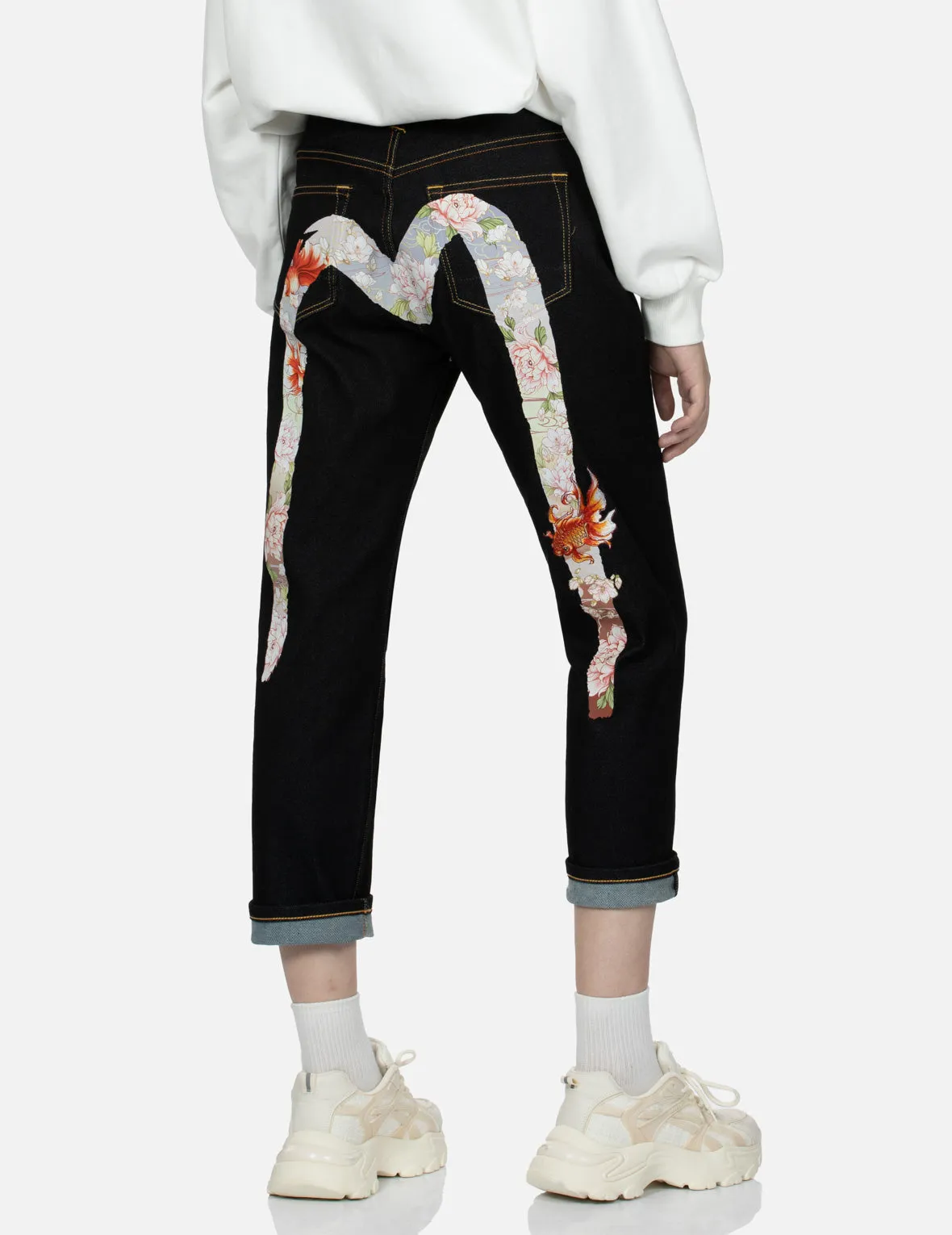 Embroidery Goldfish and Floral Flow Brushstroke Daicock Print Boyfriend Jeans