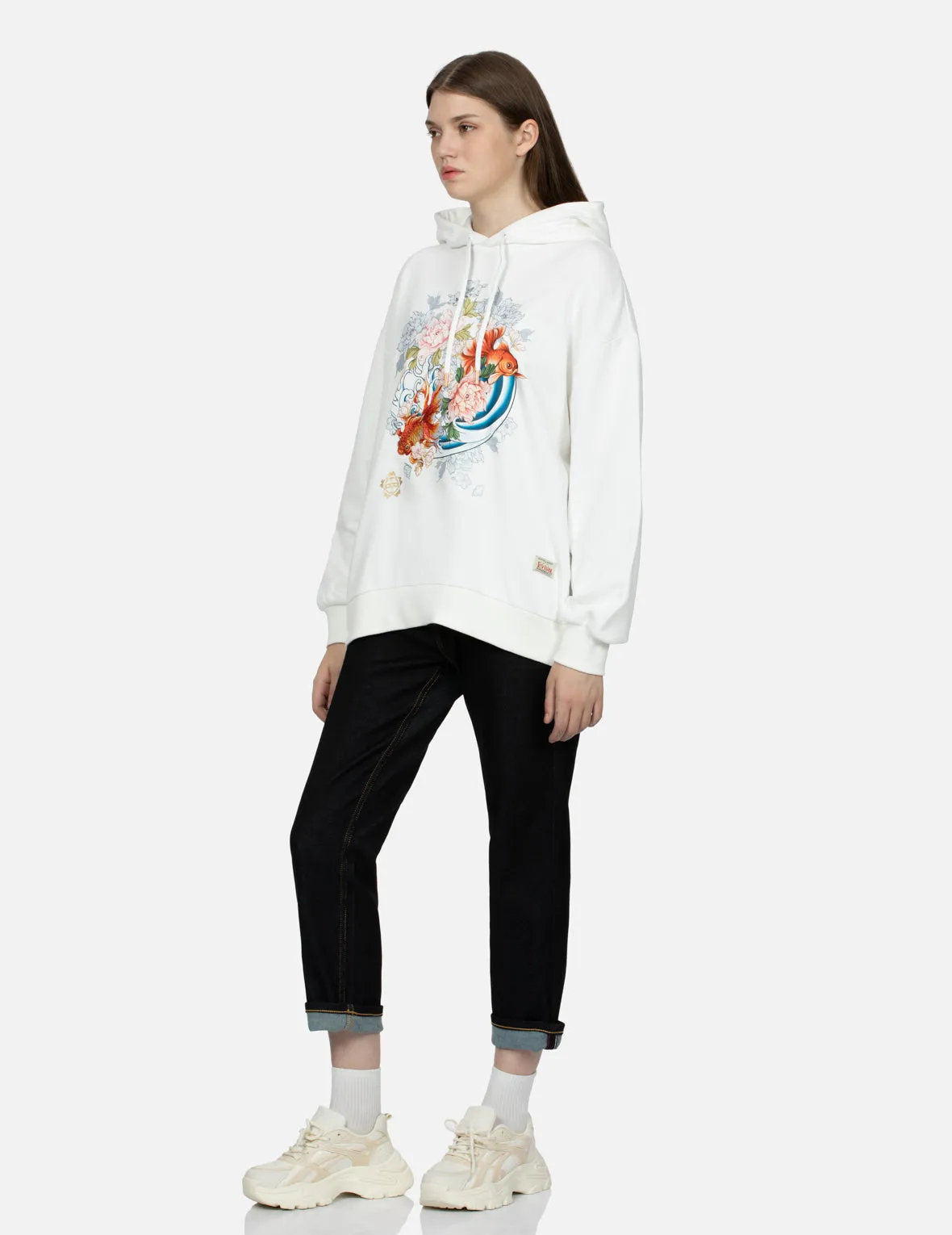 Embroidery Goldfish and Floral Flow Brushstroke Daicock Print Boyfriend Jeans