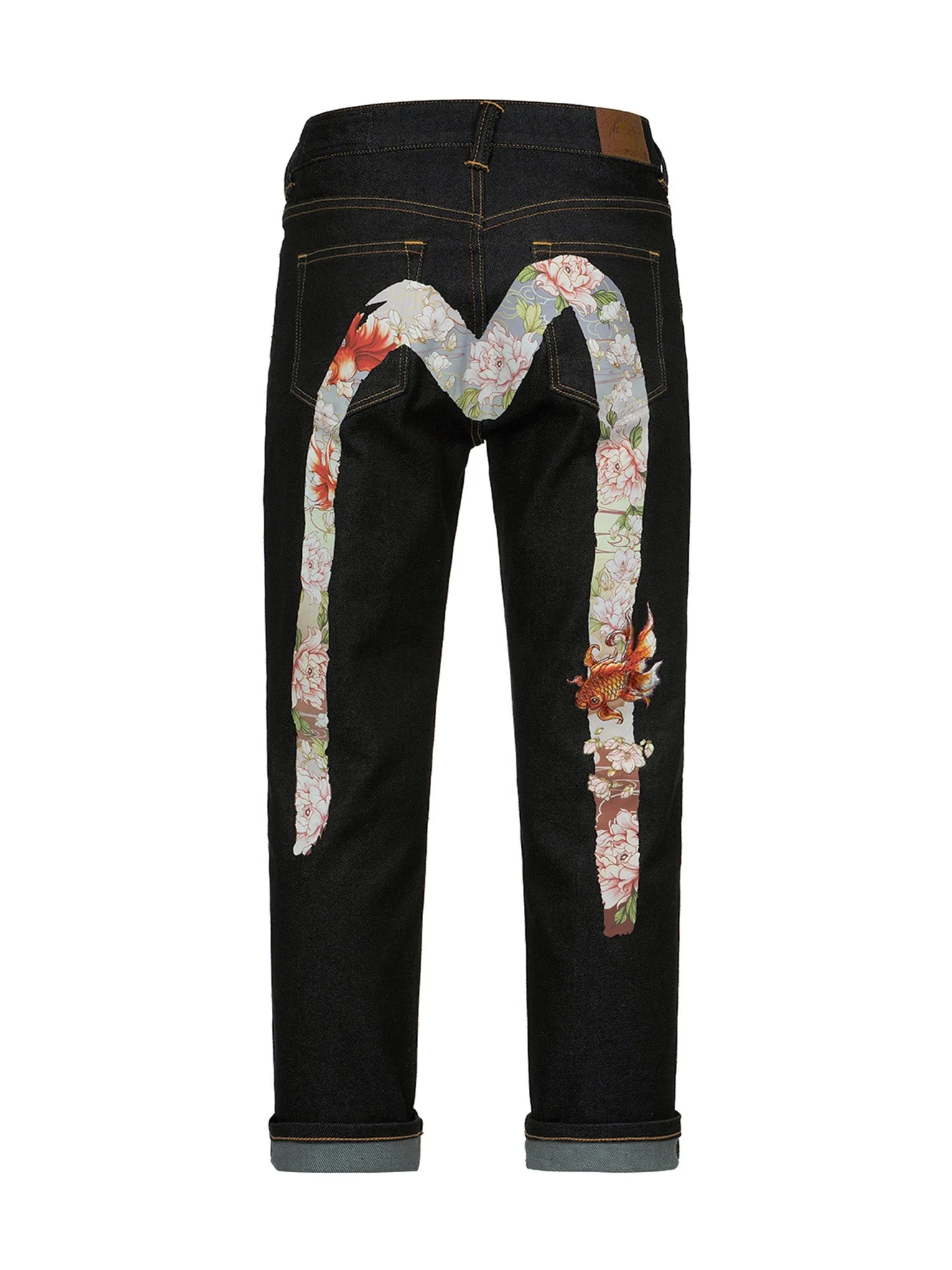 Embroidery Goldfish and Floral Flow Brushstroke Daicock Print Boyfriend Jeans