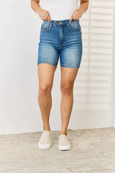 Full Size Tummy Control Double Button Bermuda Denim Shorts