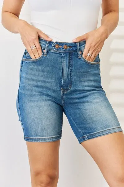 Full Size Tummy Control Double Button Bermuda Denim Shorts