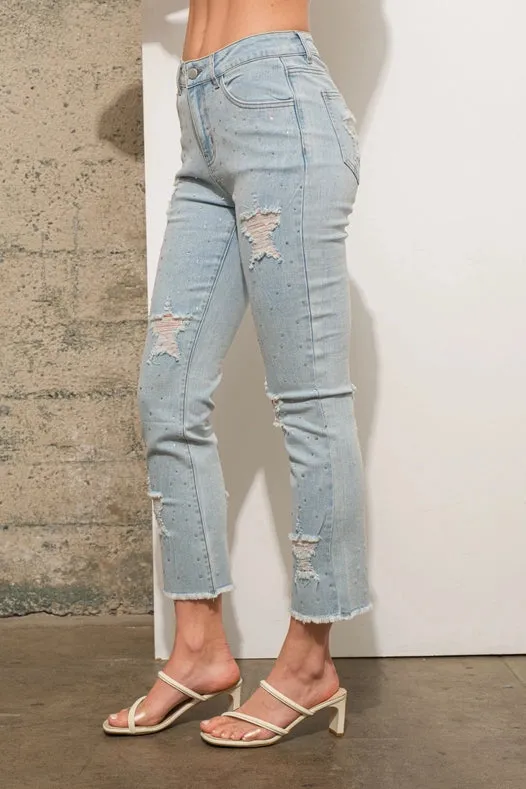 Garment Wash Star Crop Denim Skinny Jeans Light Wash