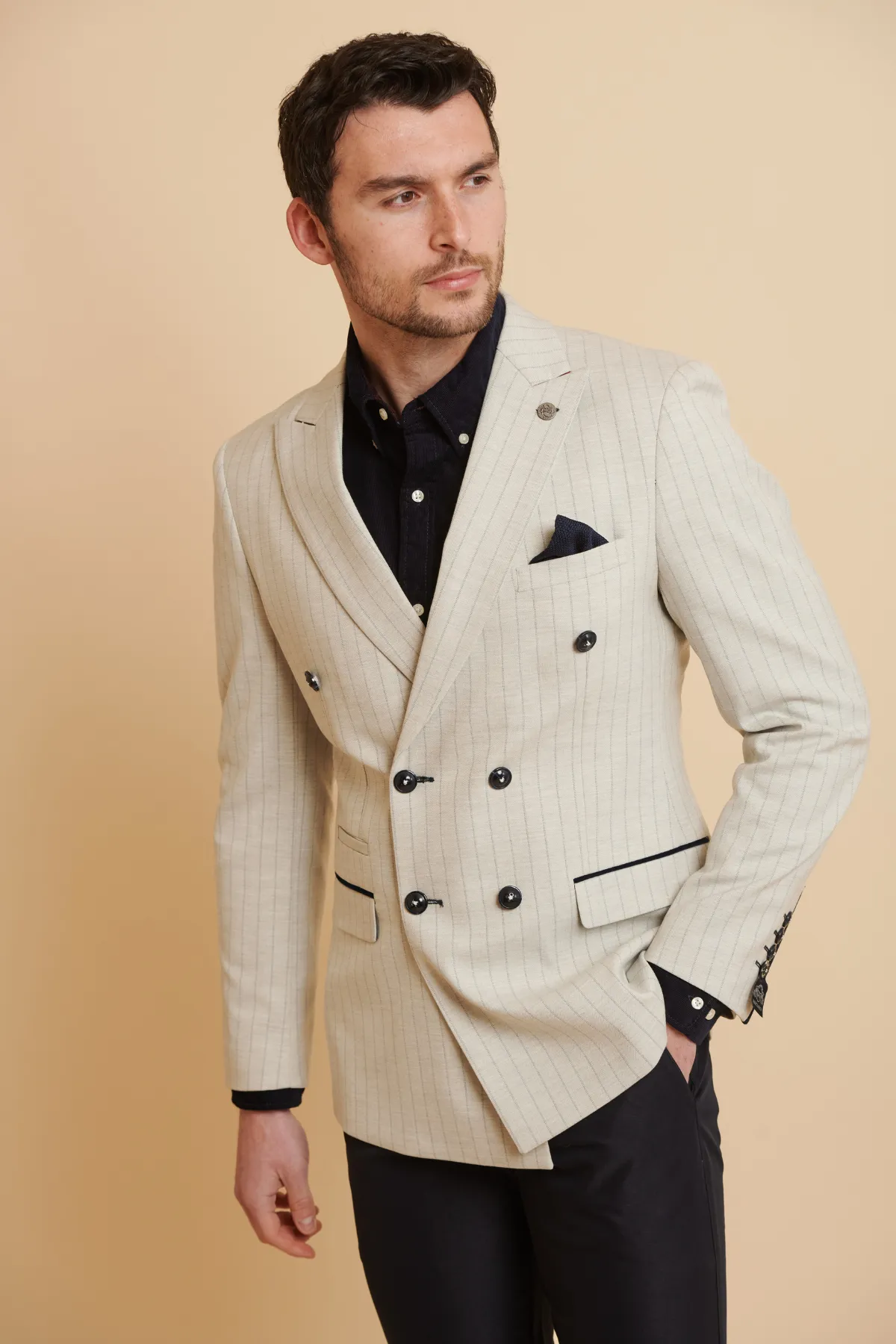 GRANT - Stone Double Breasted Pinstripe Blazer