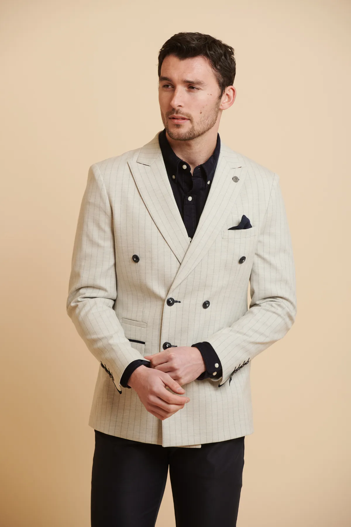 GRANT - Stone Double Breasted Pinstripe Blazer