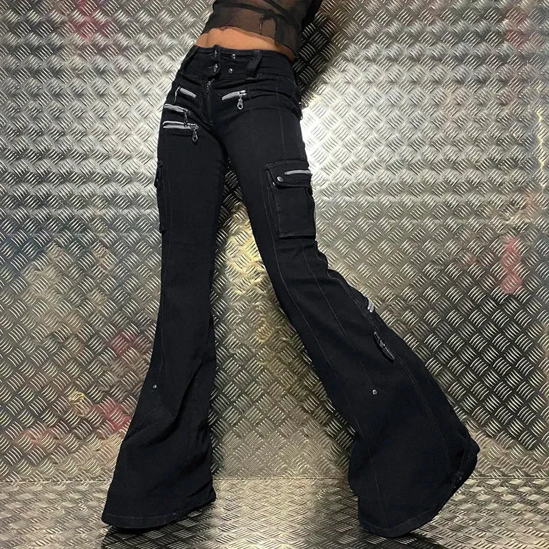 Grunge Goth Black Low Waisted Denim Pants