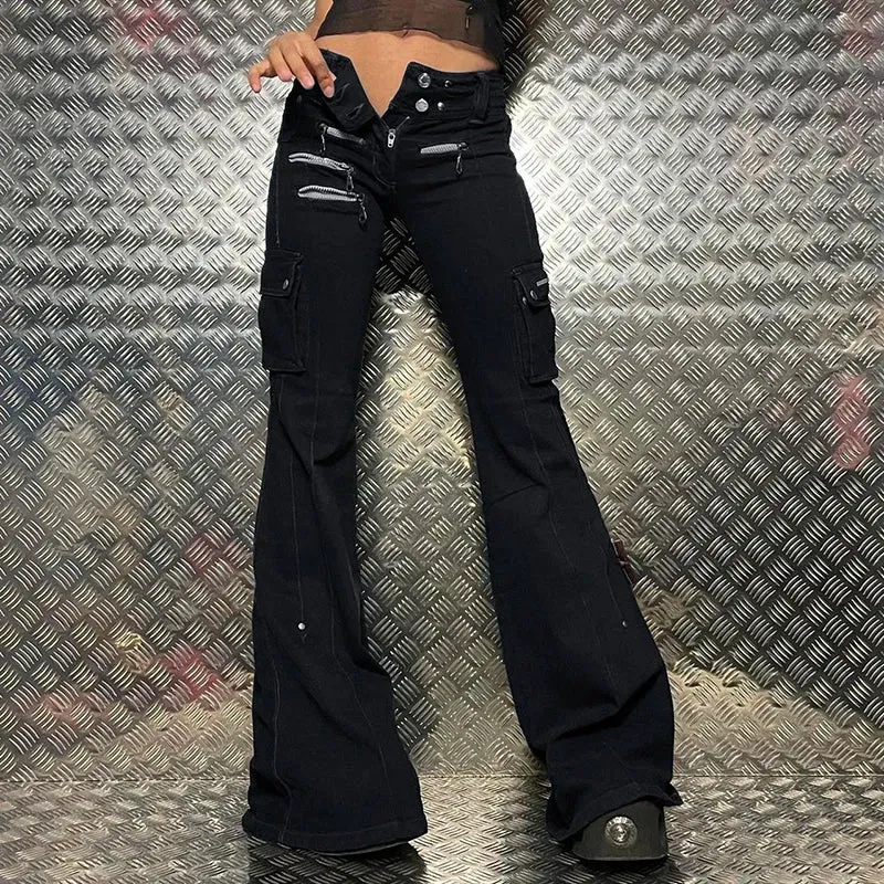 Grunge Goth Black Low Waisted Denim Pants