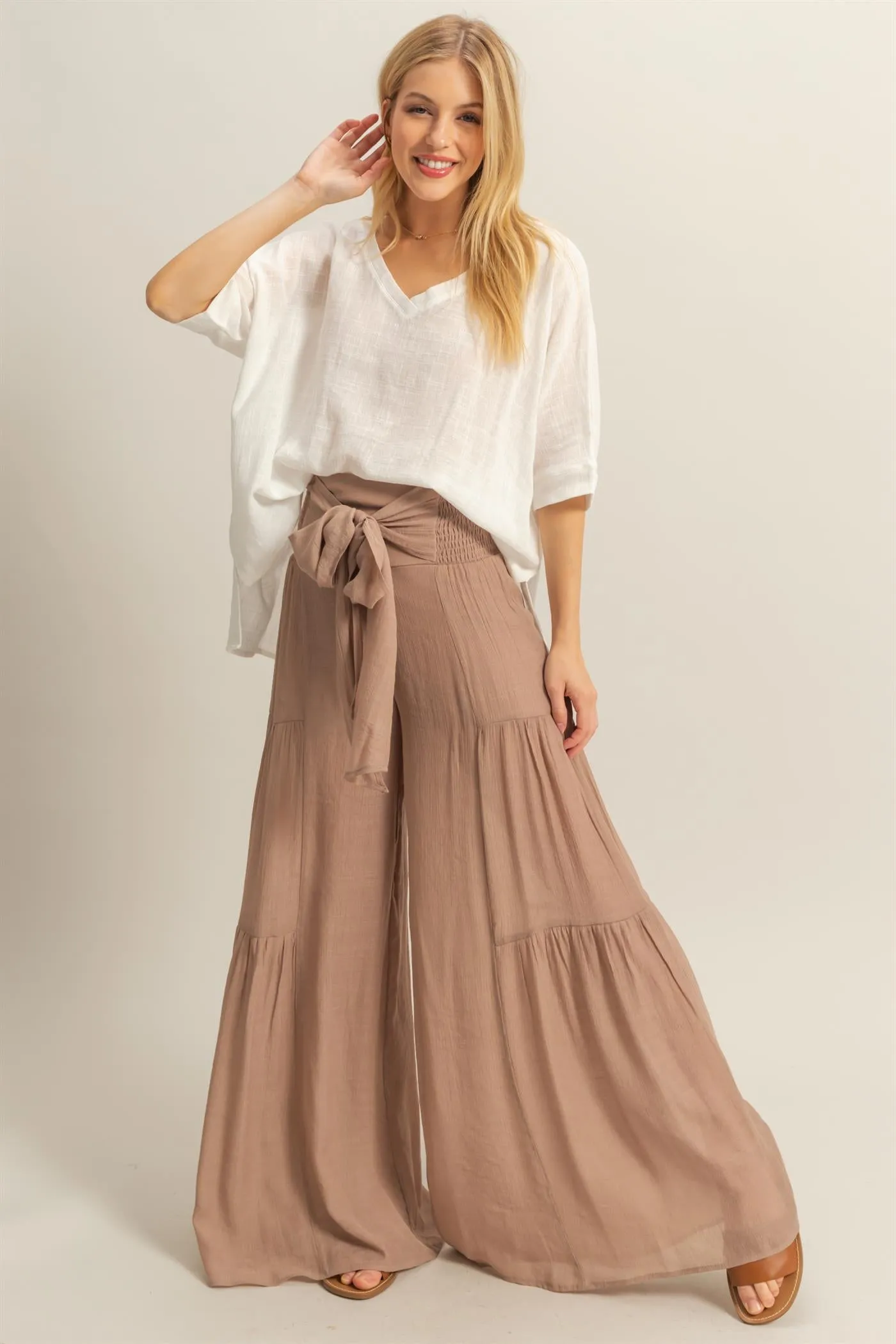 HF25E041-Front Tie Waist Tiered Palazzo Pants