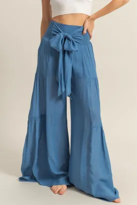 HF25E041-Front Tie Waist Tiered Palazzo Pants