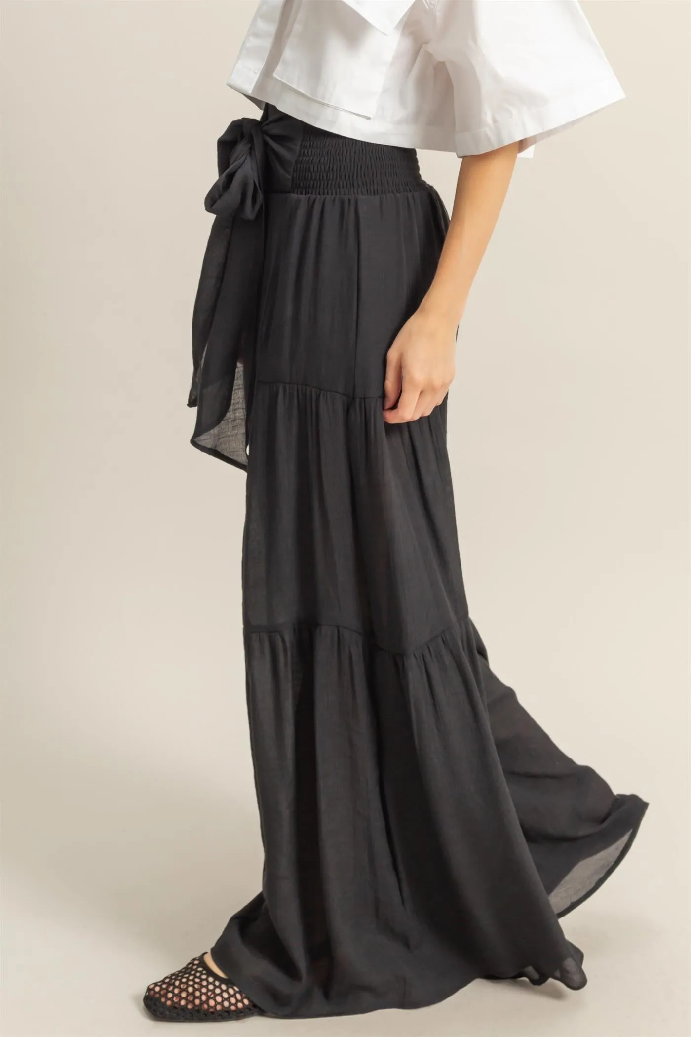 HF25E041-Front Tie Waist Tiered Palazzo Pants