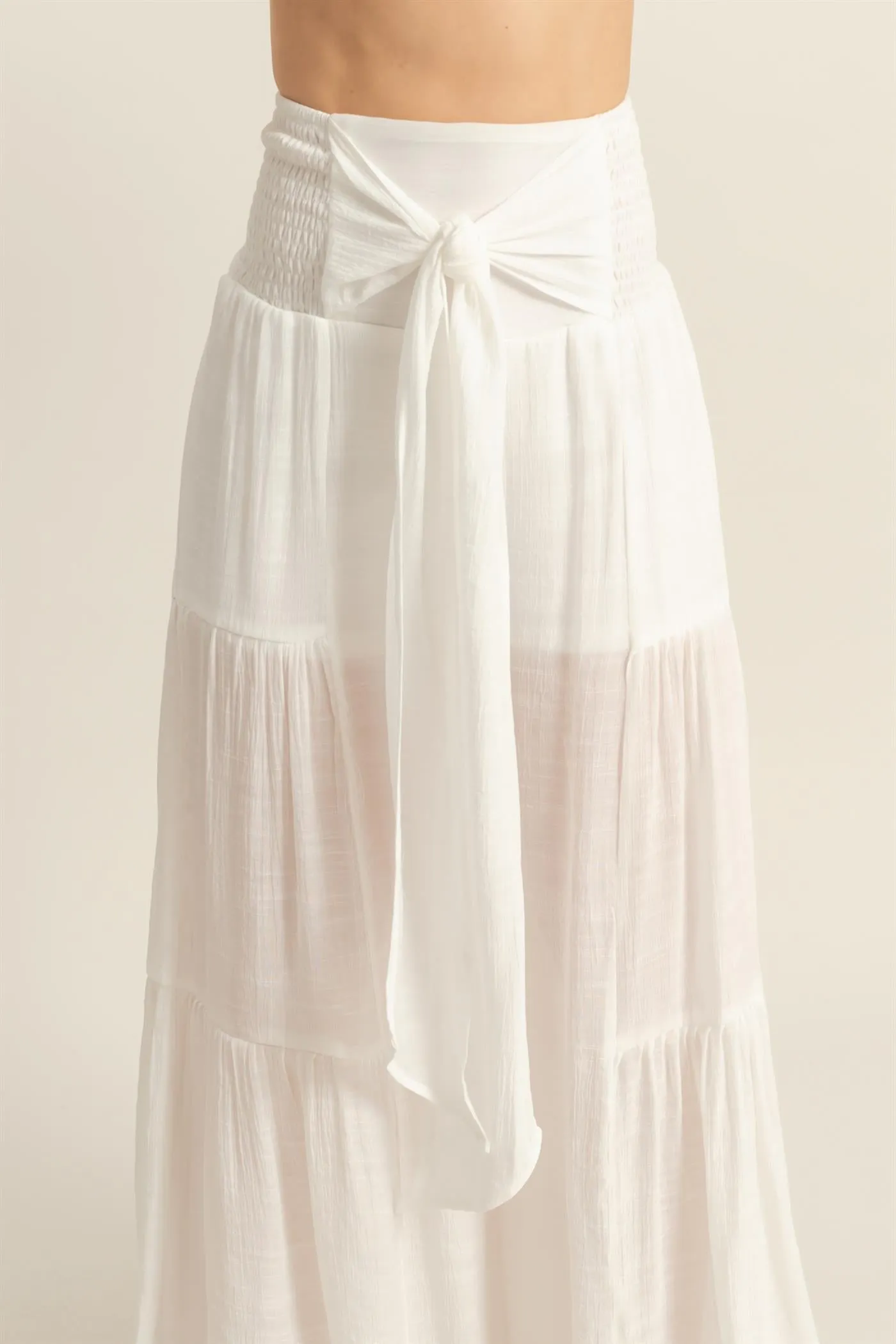 HF25E041-Front Tie Waist Tiered Palazzo Pants