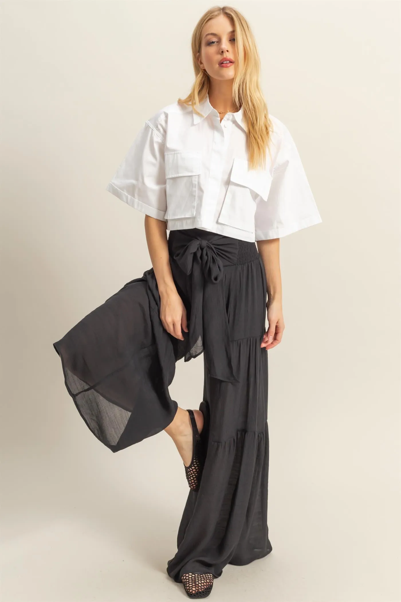 HF25E041-Front Tie Waist Tiered Palazzo Pants