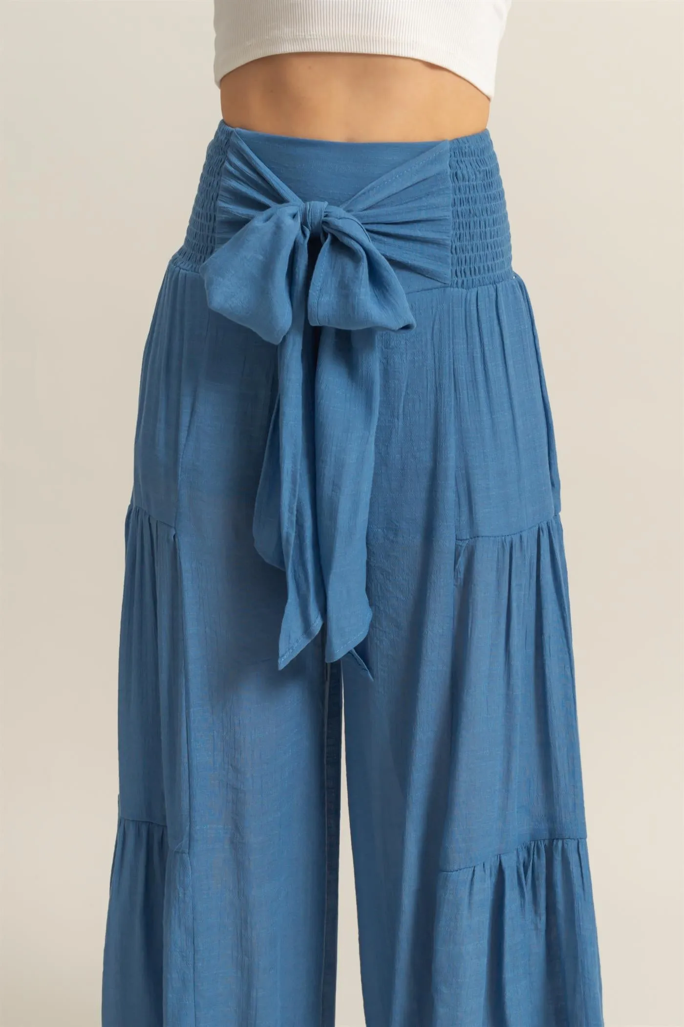 HF25E041-Front Tie Waist Tiered Palazzo Pants