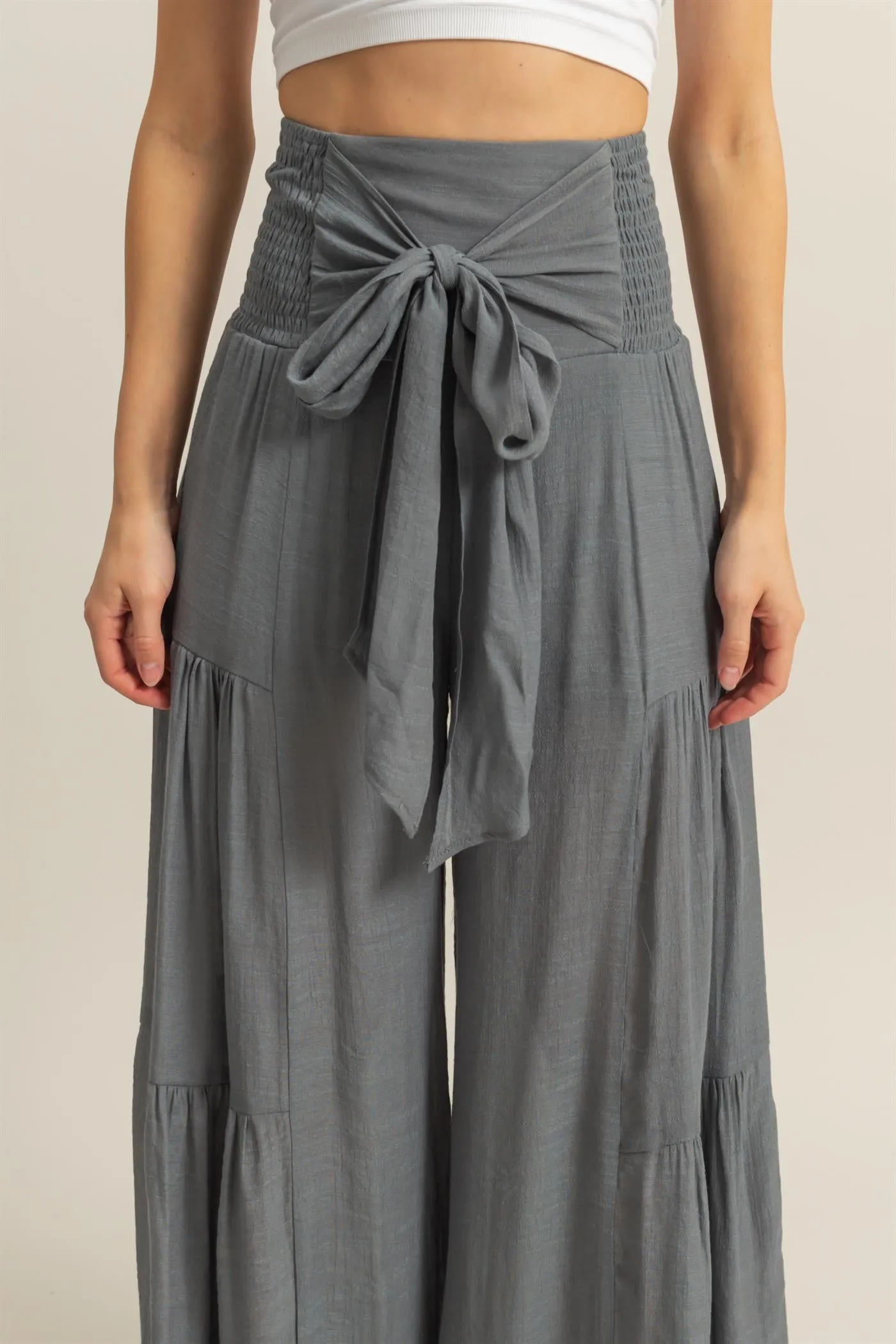 HF25E041-Front Tie Waist Tiered Palazzo Pants