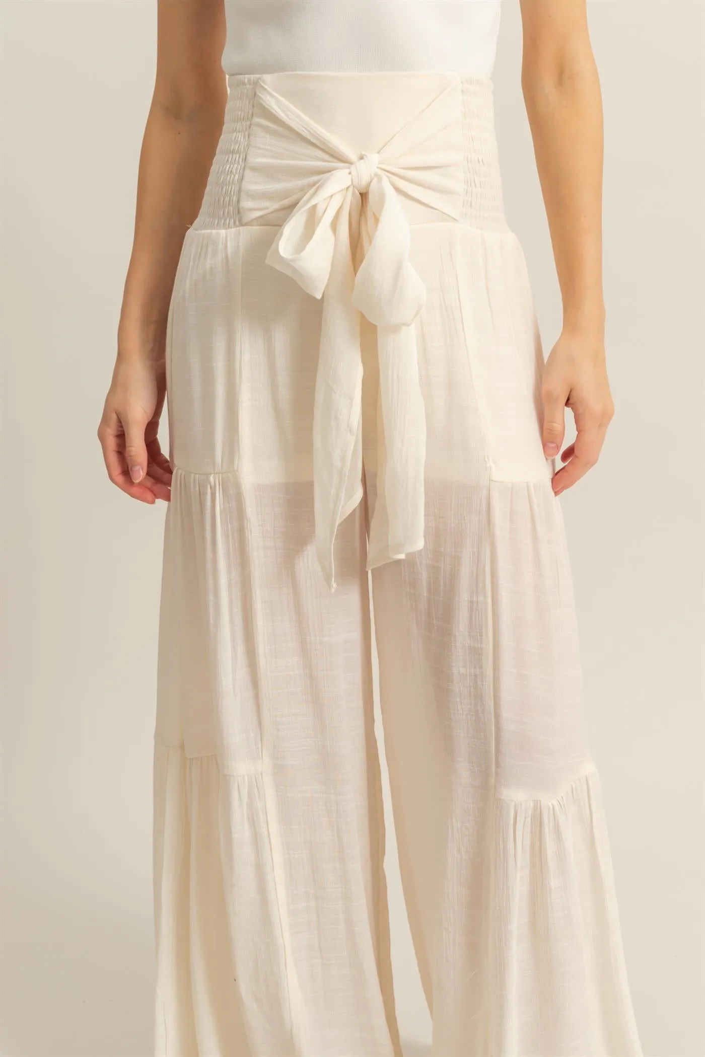 HF25E041-Front Tie Waist Tiered Palazzo Pants