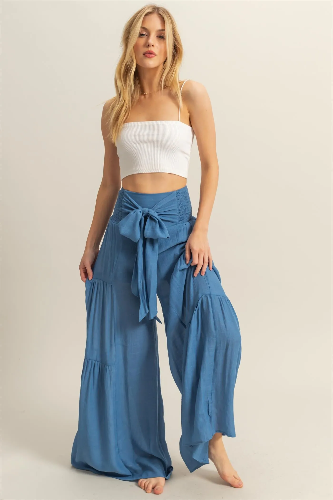 HF25E041-Front Tie Waist Tiered Palazzo Pants