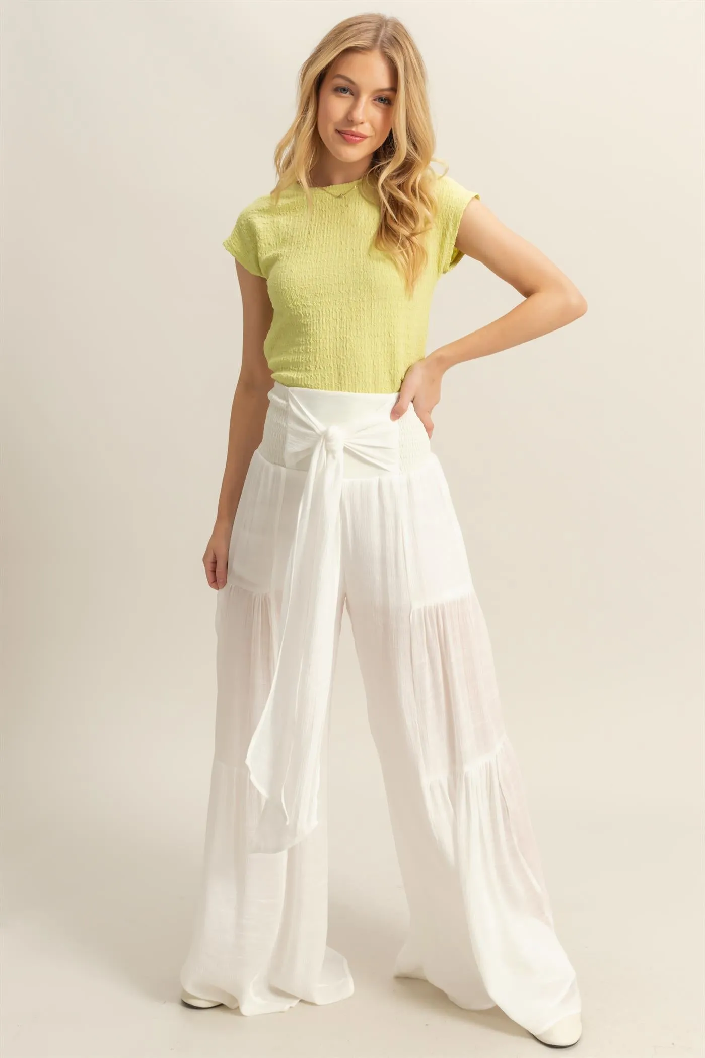 HF25E041-Front Tie Waist Tiered Palazzo Pants