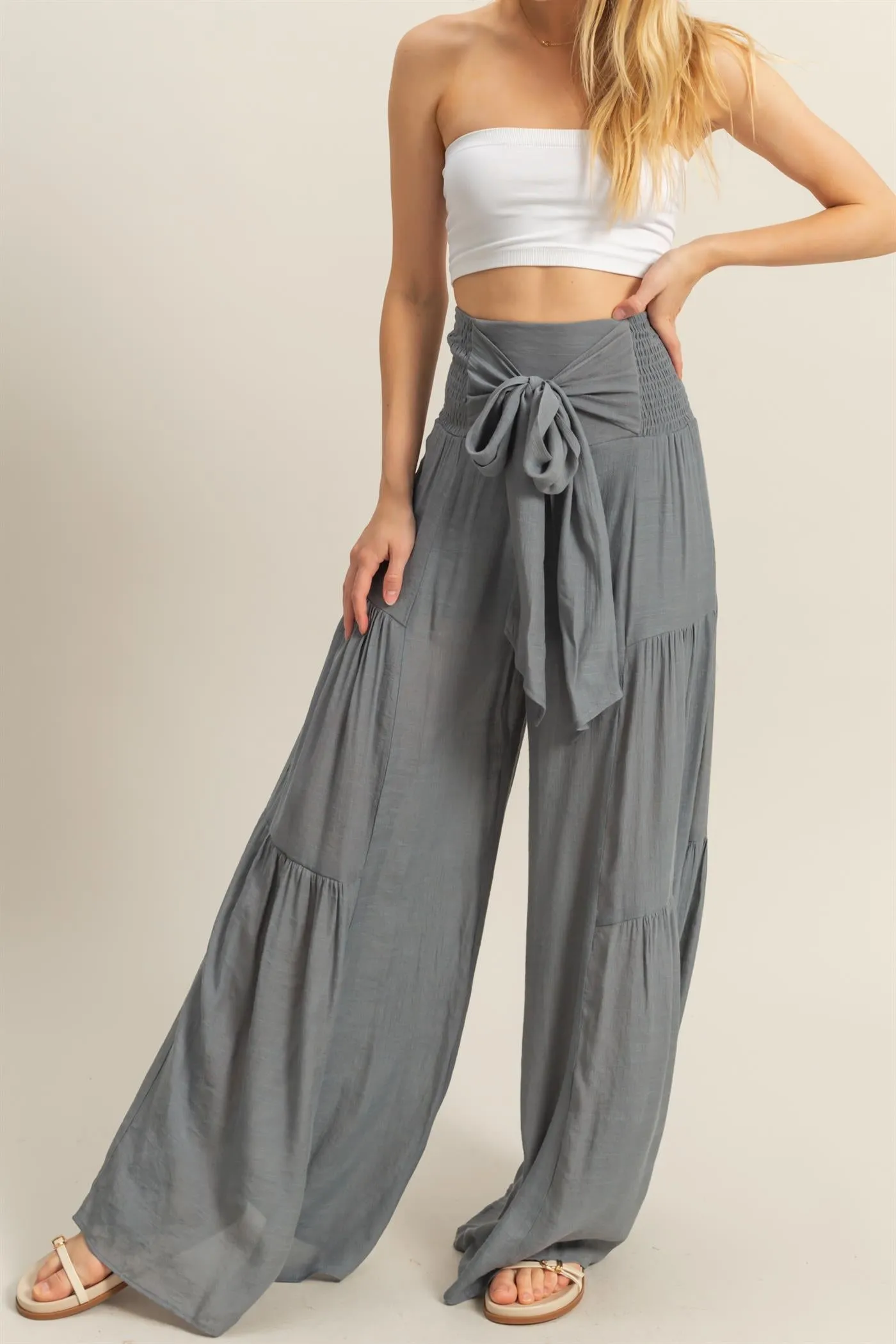 HF25E041-Front Tie Waist Tiered Palazzo Pants