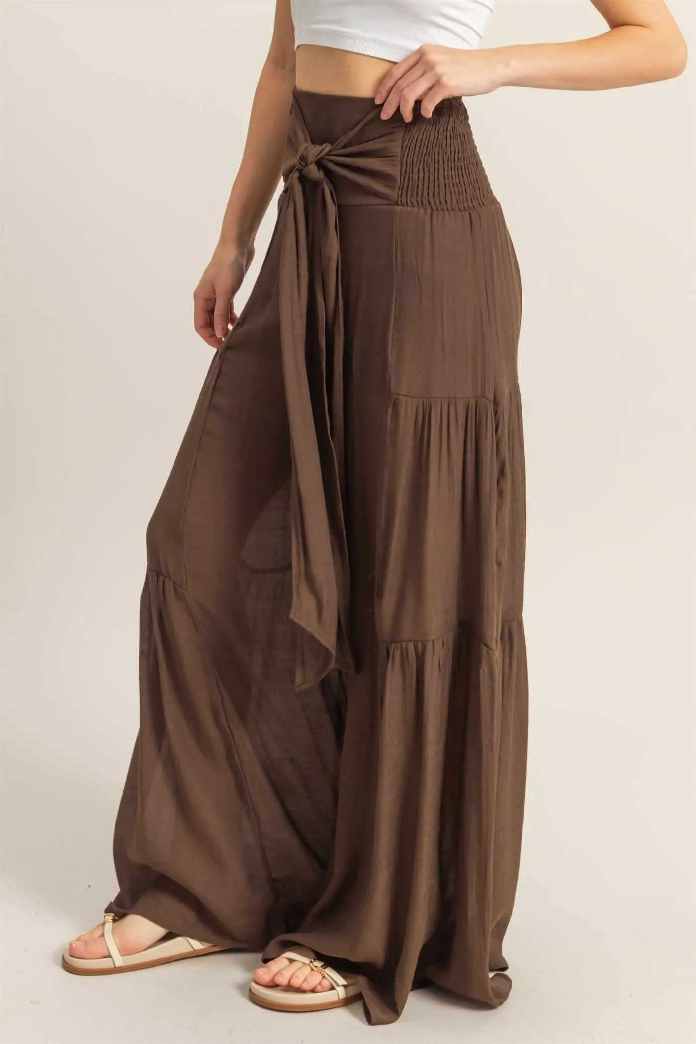 HF25E041-Front Tie Waist Tiered Palazzo Pants