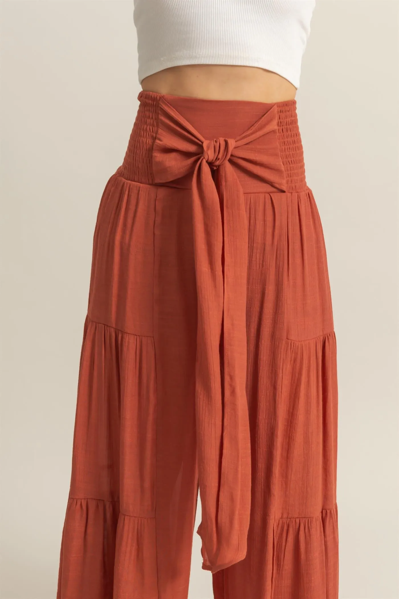 HF25E041-Front Tie Waist Tiered Palazzo Pants