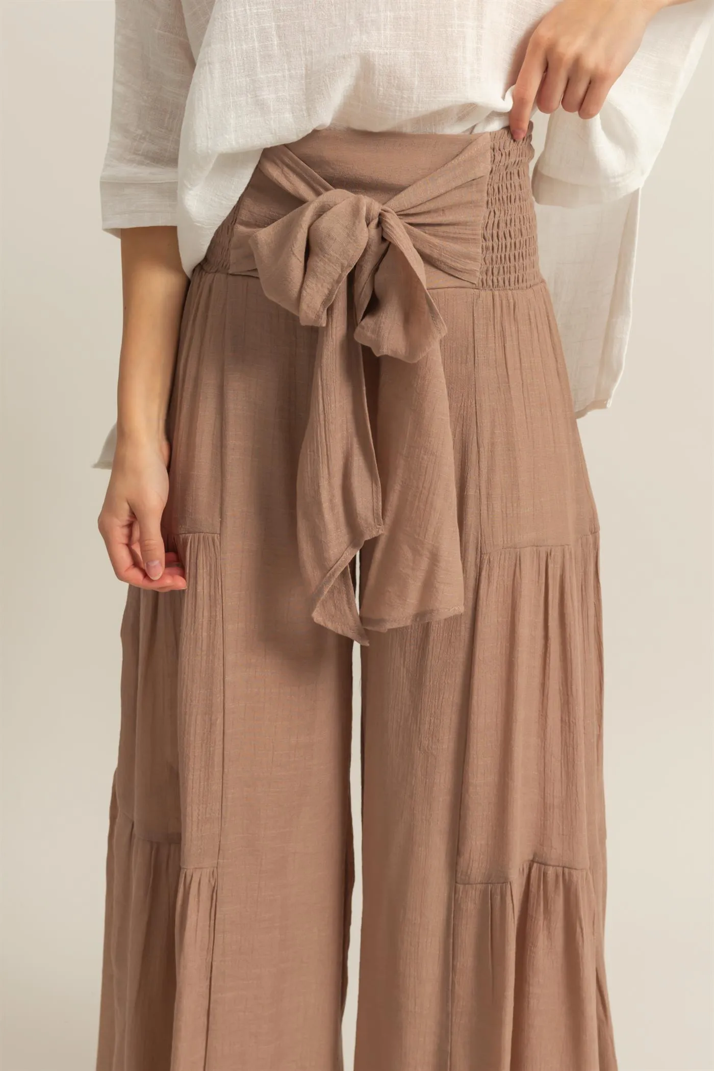 HF25E041-Front Tie Waist Tiered Palazzo Pants