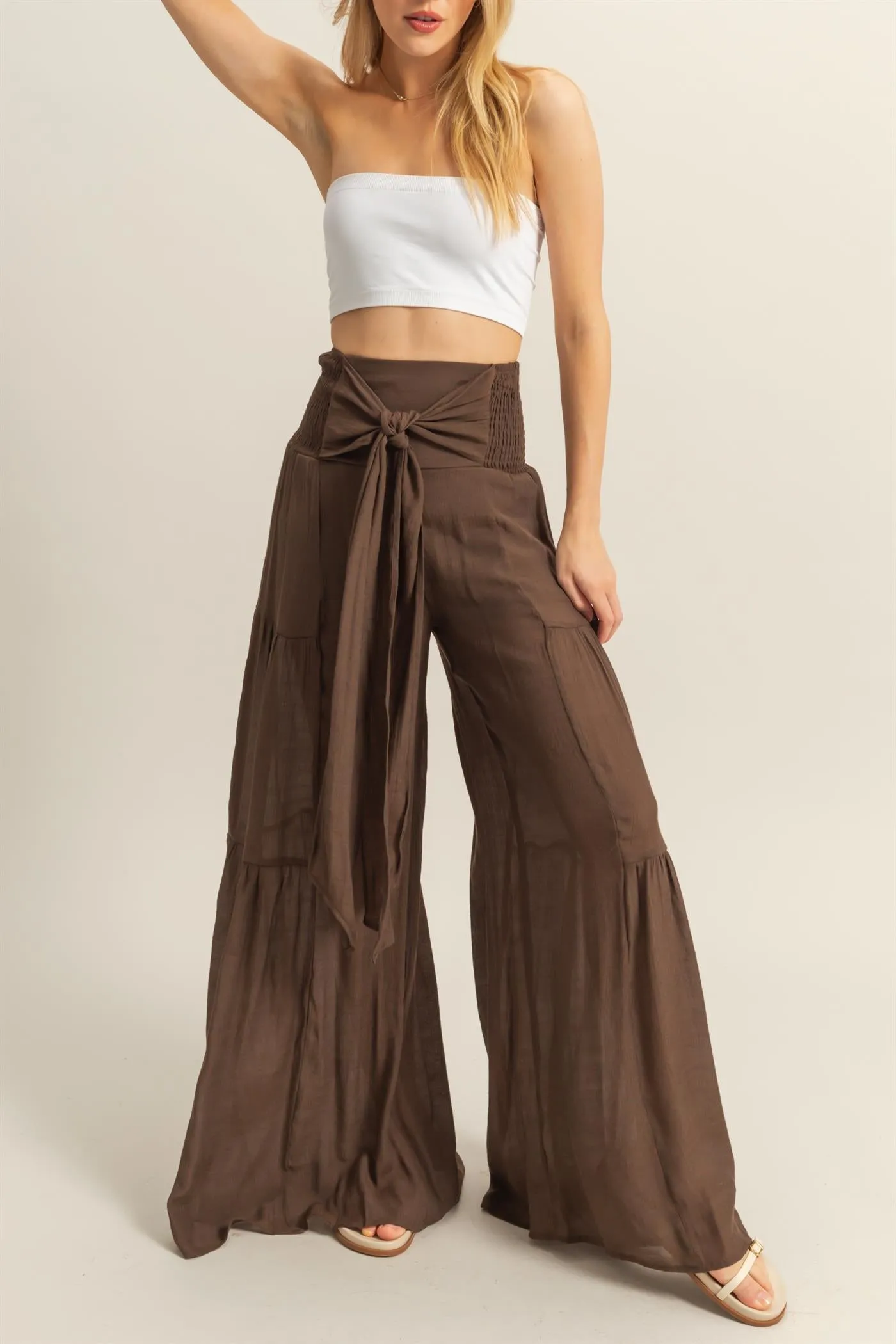 HF25E041-Front Tie Waist Tiered Palazzo Pants