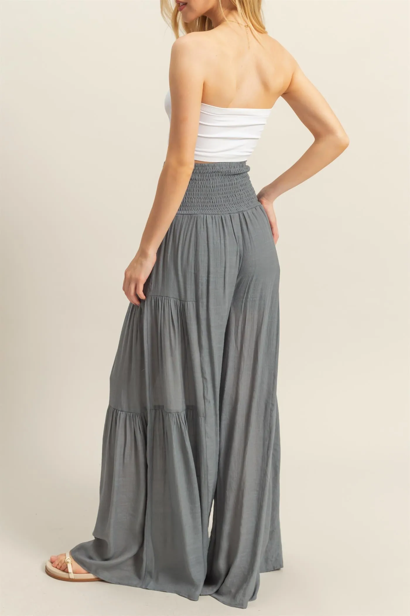 HF25E041-Front Tie Waist Tiered Palazzo Pants