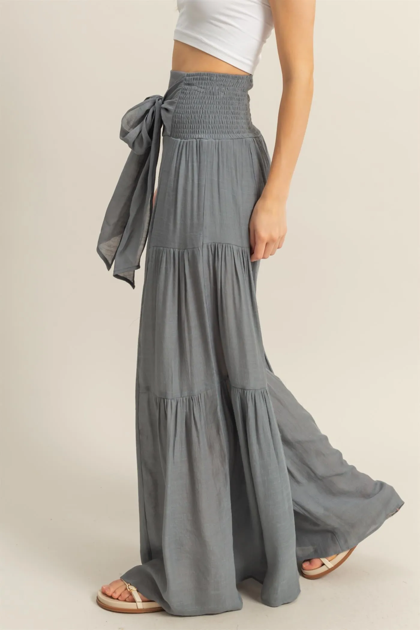 HF25E041-Front Tie Waist Tiered Palazzo Pants