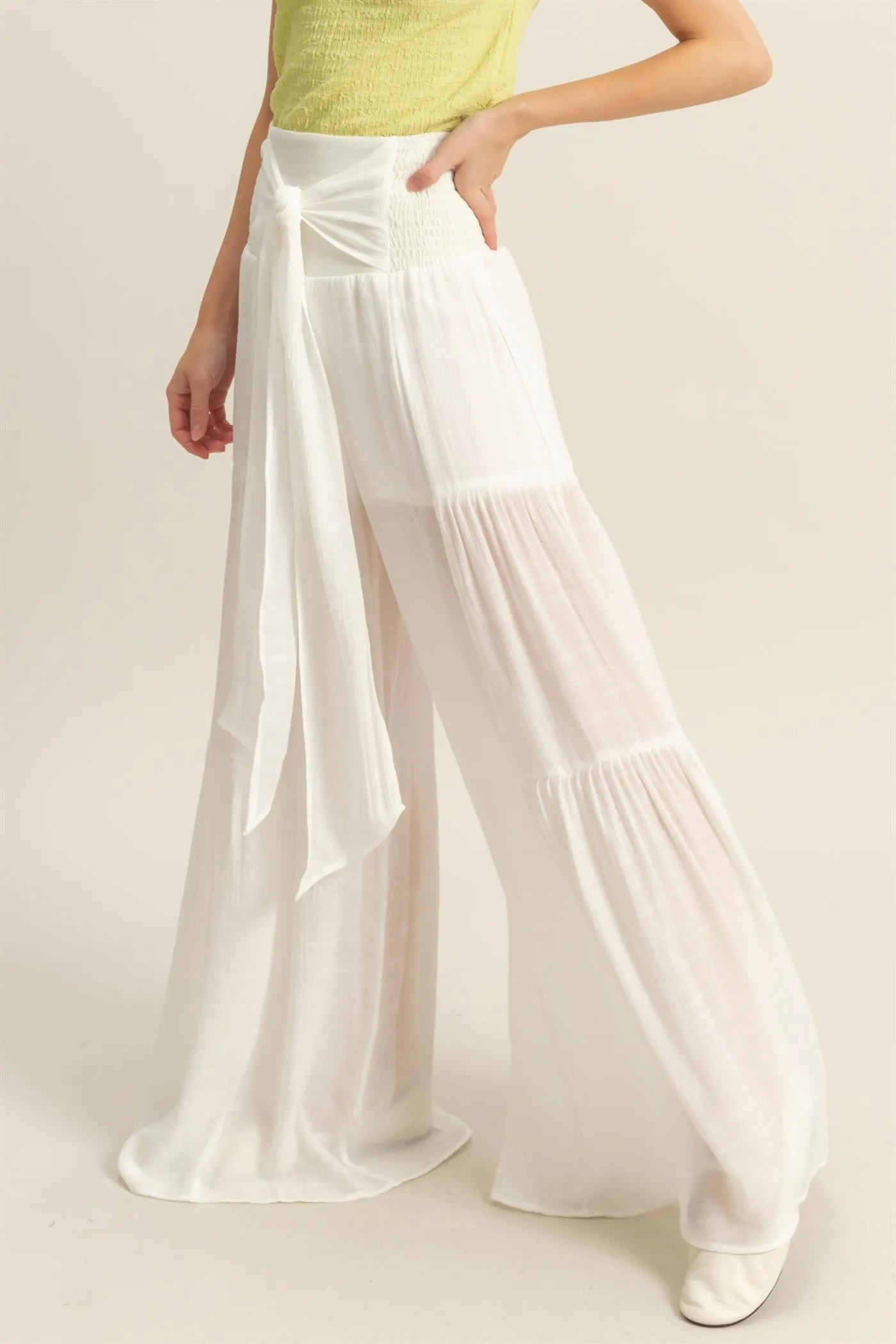 HF25E041-Front Tie Waist Tiered Palazzo Pants